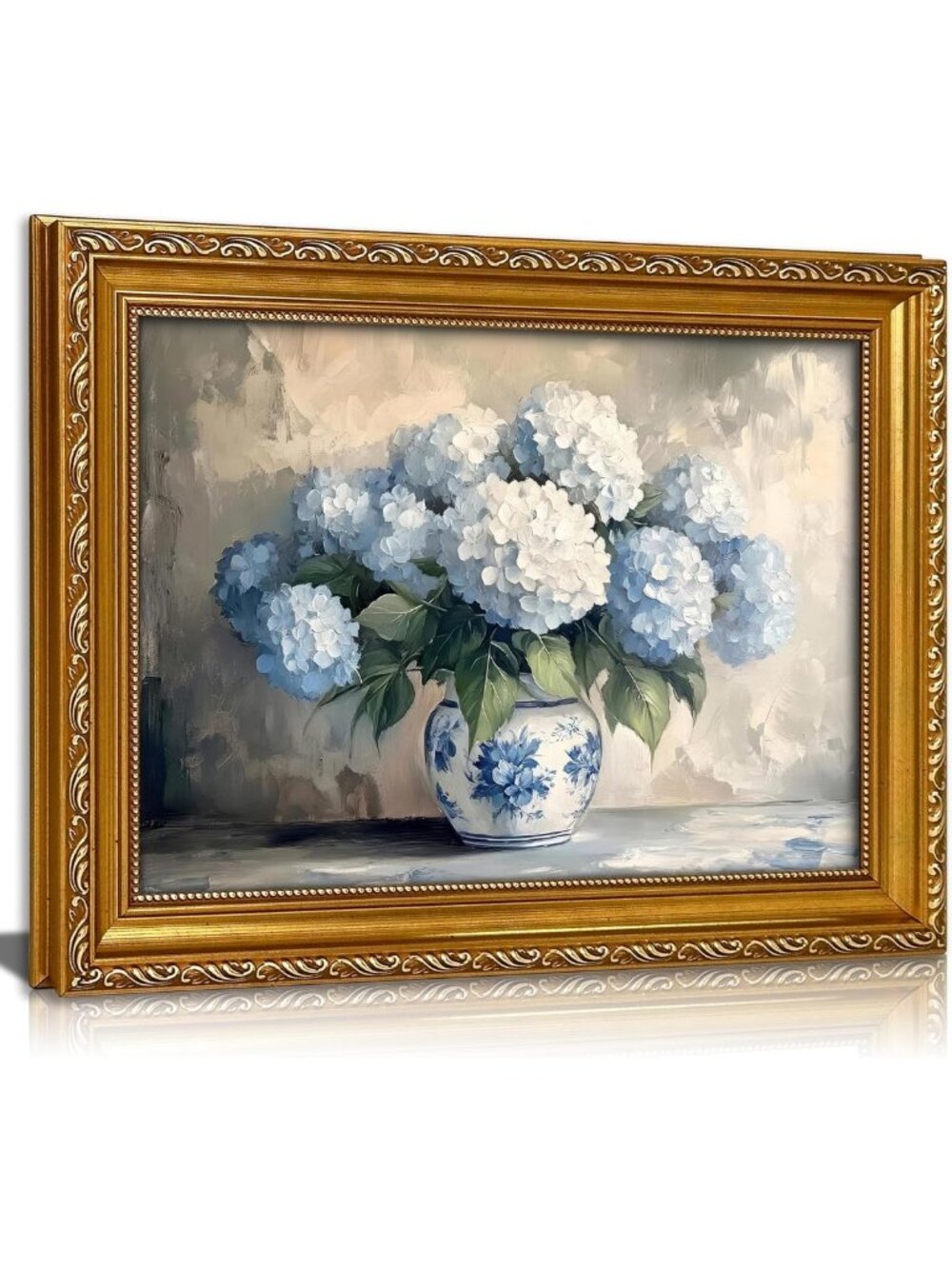 Vintage Gold Framed Canvas Art | Light Blue Floral Print | Hydrangeas in Vase